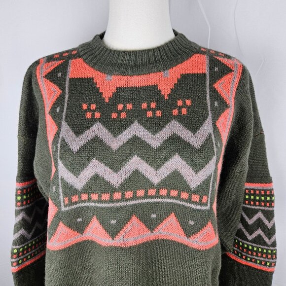 Vintage Sun Valley Green & Neon Fair Isle 80's Geometric Wool Sweater Large - Picture 4 of 10